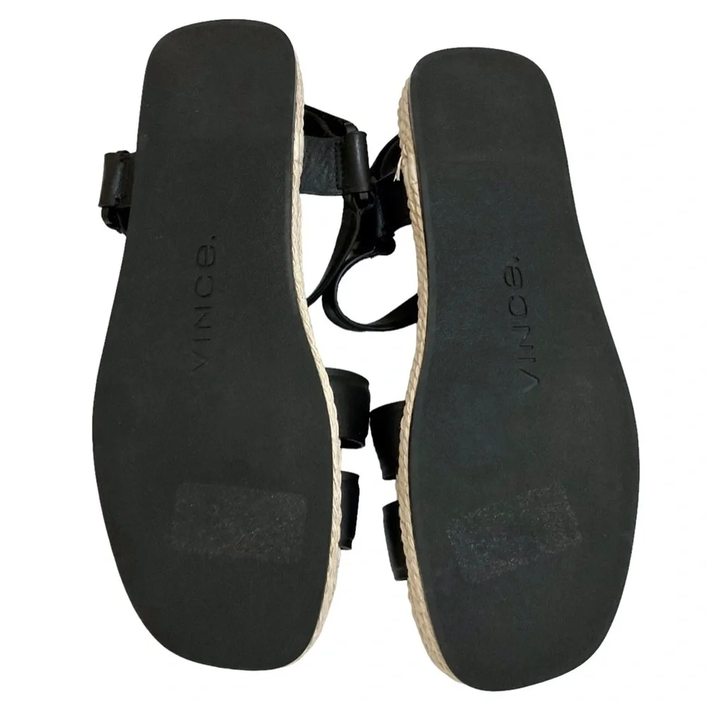 VINCE Elian Black Leather Strappy Platform Espadrille Rope Sandals